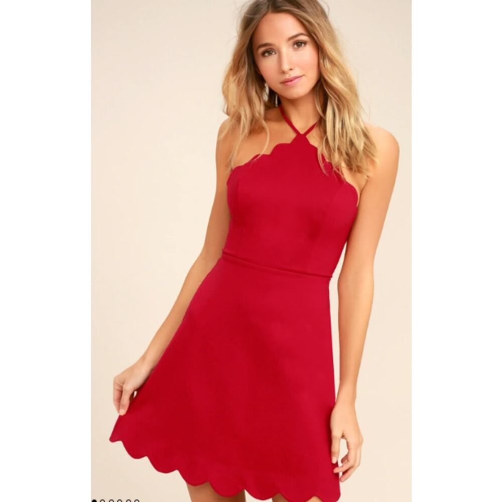Nordstrom Lush Women's Scalloped Rayonne Red Mini Dress Size XS $80 Summer S1 - Picture 2 of 9